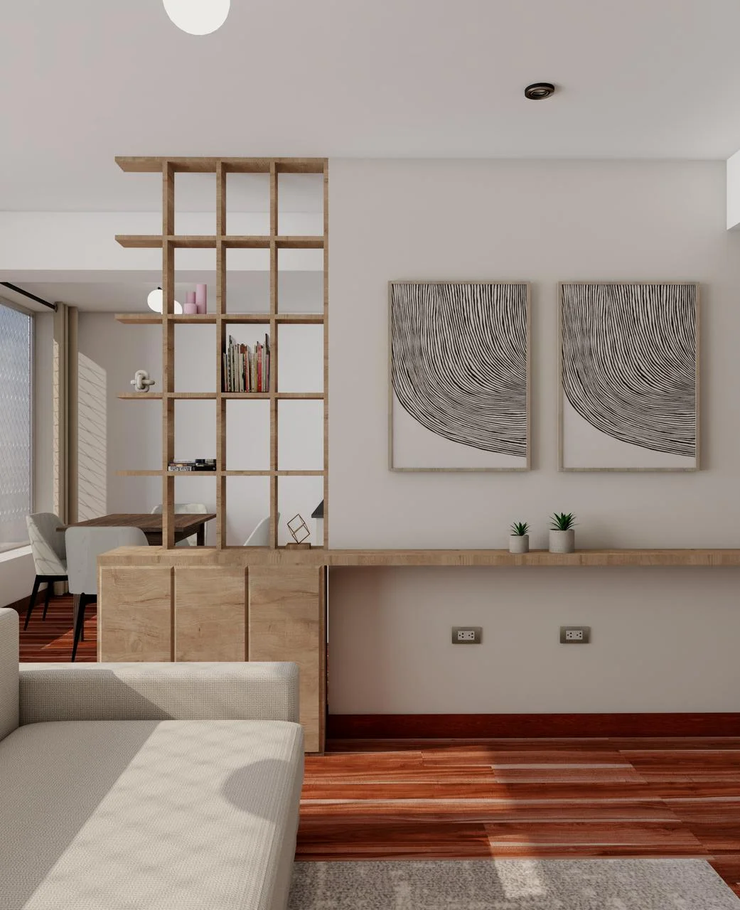 Proyecto C.A. — sala y recibidor con separador de estantería en madera