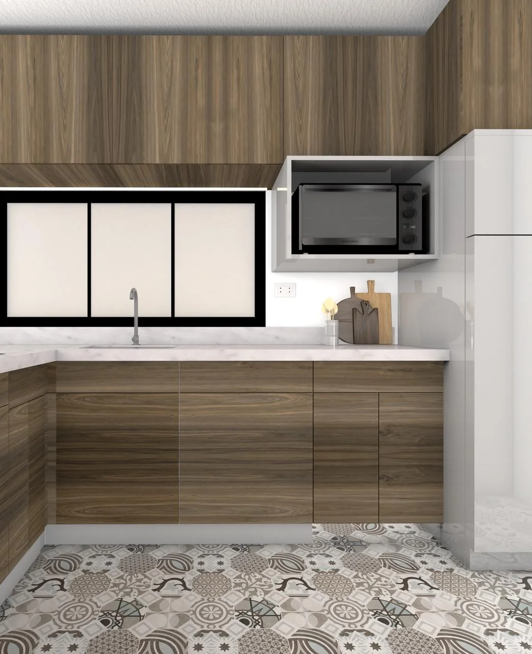 Proyecto M.R. — cocina con muebles de melamina madera y encimera de granito