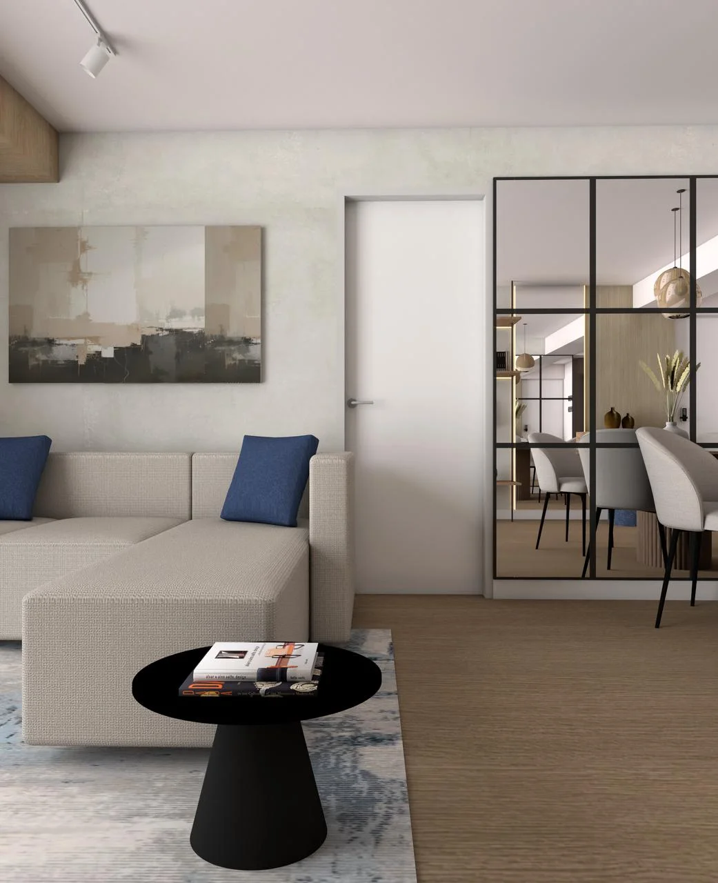 Proyecto S.M. — departamento de estilo industrial cálido con partición de vidrio y metal